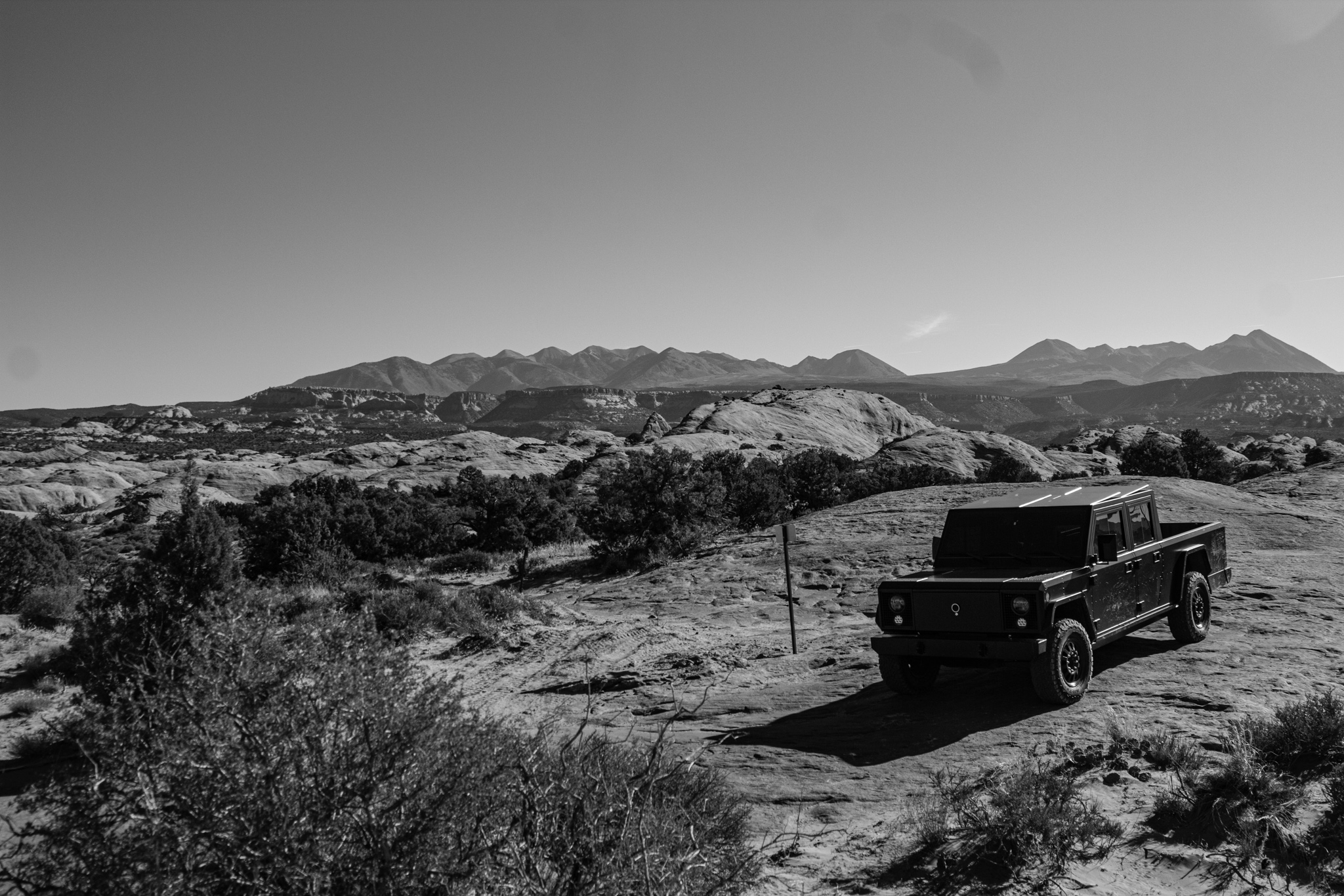 The Bollinger B2 sitting on top of a hill in Moab, Utah