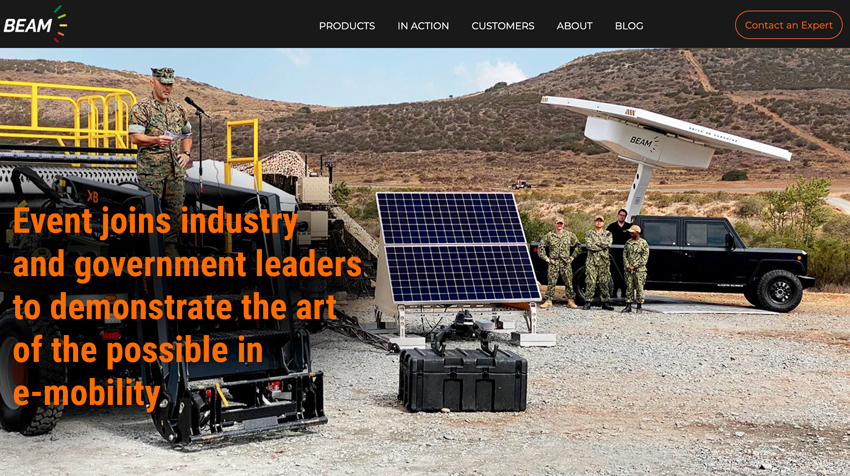 B2 truck with military personnel at Miramar AF base under solar charging station for Beamforall.com website