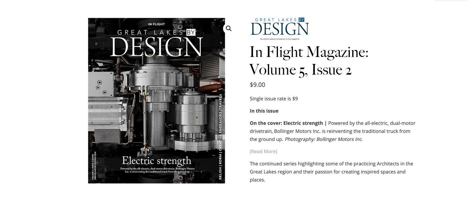 Cover of the Great Lakes by Design magazine with a photo of the Bollinger Motors drivetrain.
