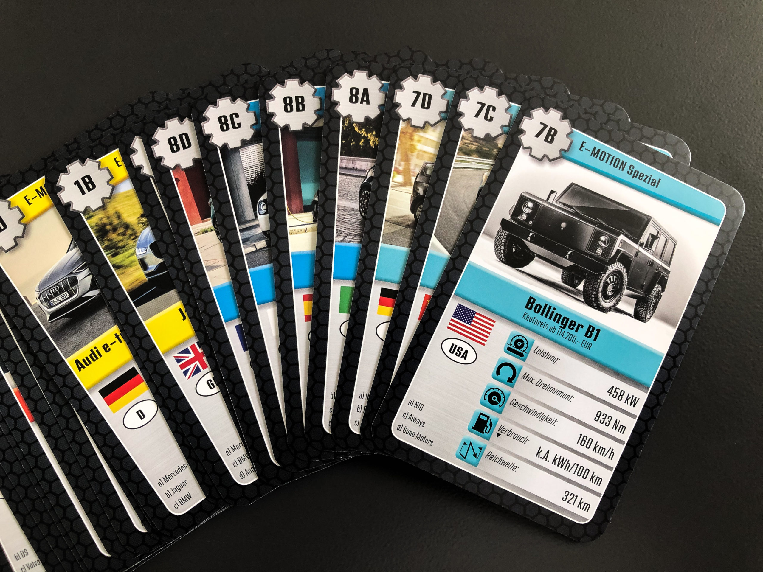 The Bollinger B1 playing card in a stack of EV playing cards.