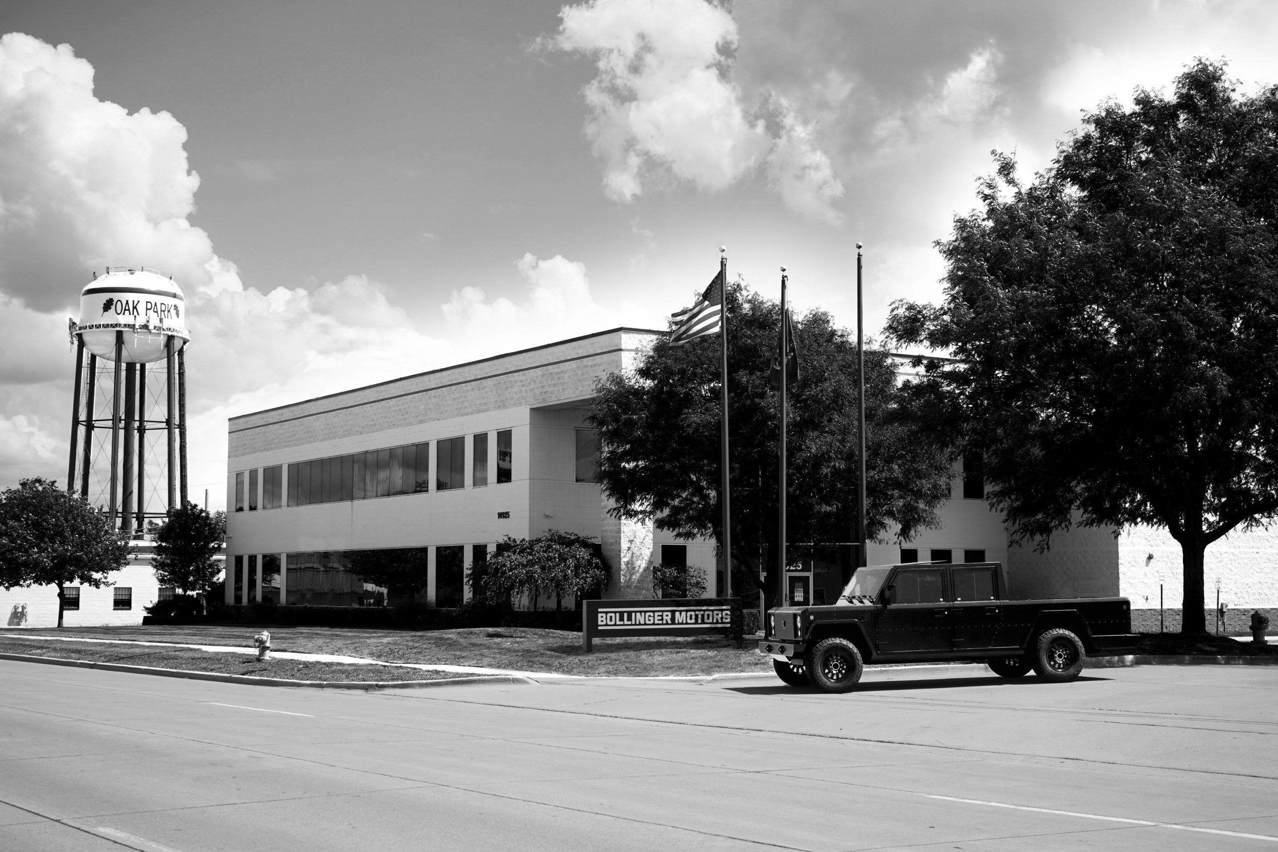 The Bollinger B2 outside our new headquarters in Oak Park Michigan